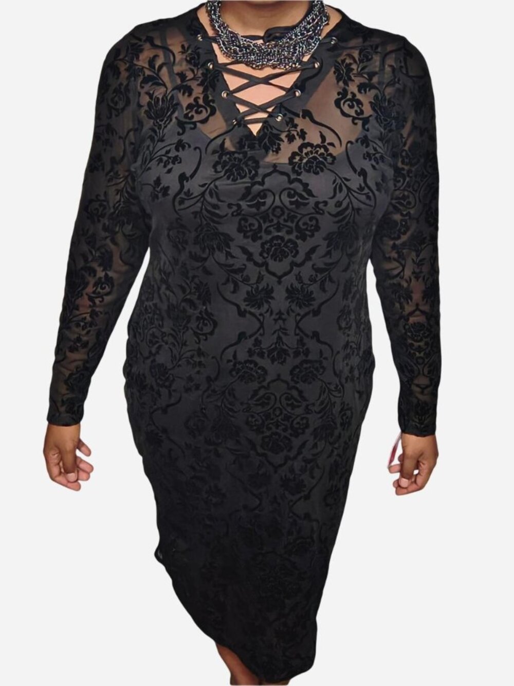 Black Velvet Flocked Lace-Up Midi Dress